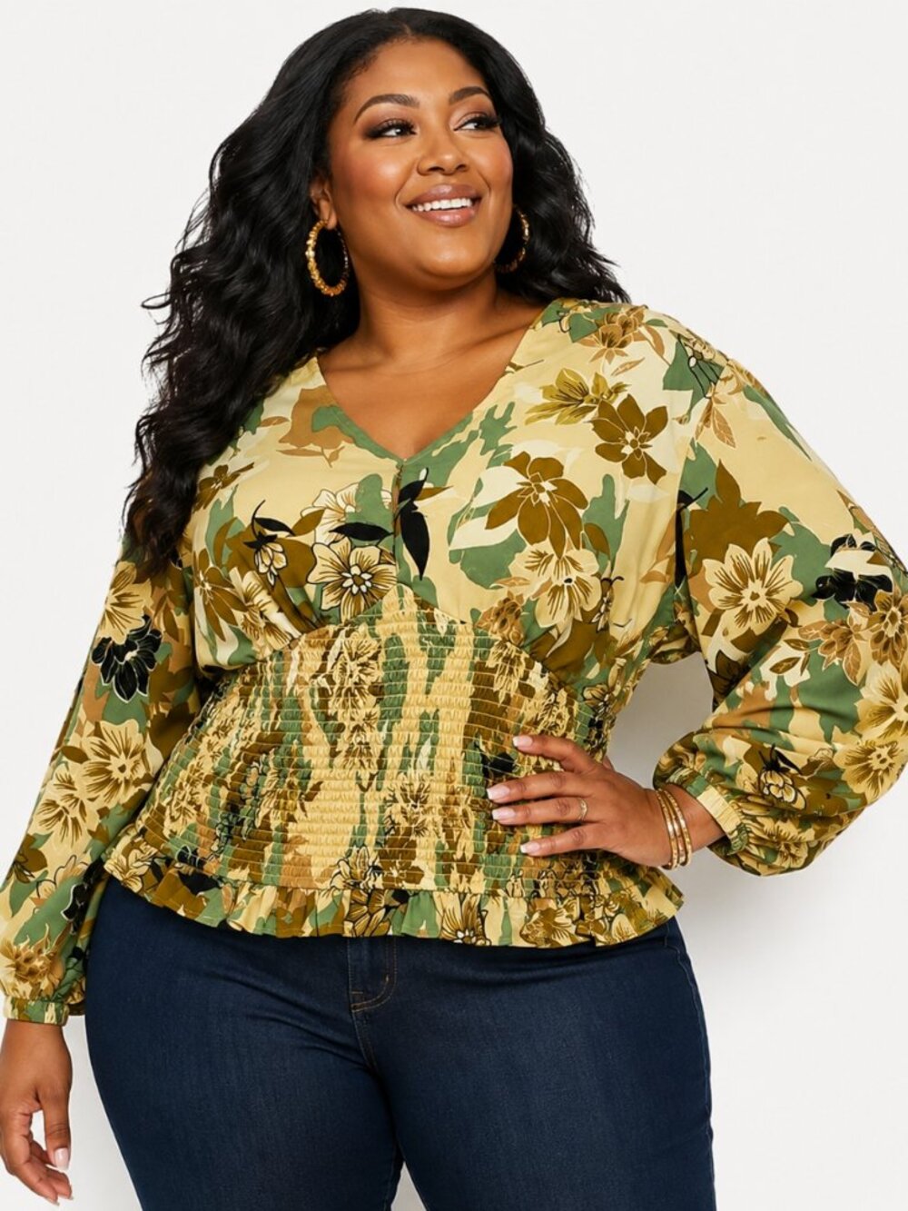 Ashley Stewart Olive Green Floral Smocked Waist V-Neck Blouse